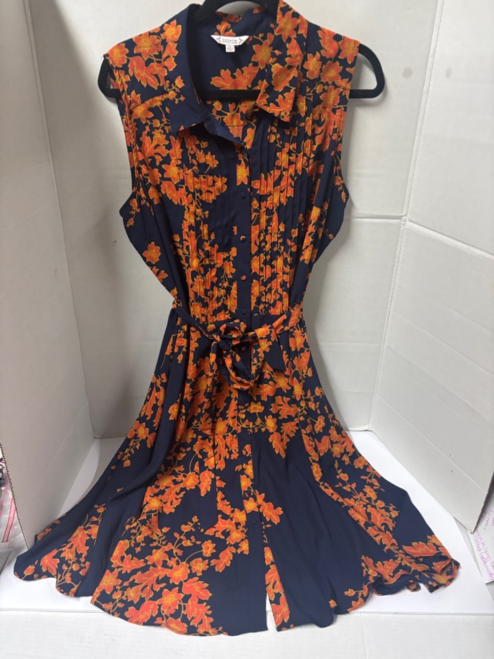 Nanette Lepore Navy Sleeveless Midi Dress with Orange Floral Print